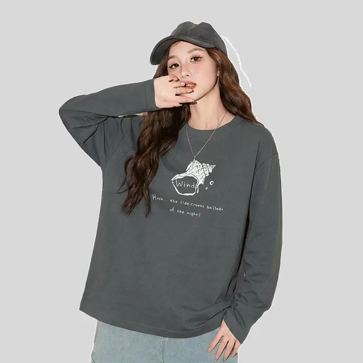 長袖Tシャツ レディース 丸首 シンプル プリント 韓流 ルーズ 着痩せ カジュアル 春 トップス 肌触り快適