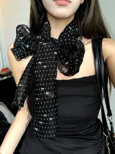 黒いドット柄リボン付きロングスカーフ【ファッション・軽量・首元アクセサリー】