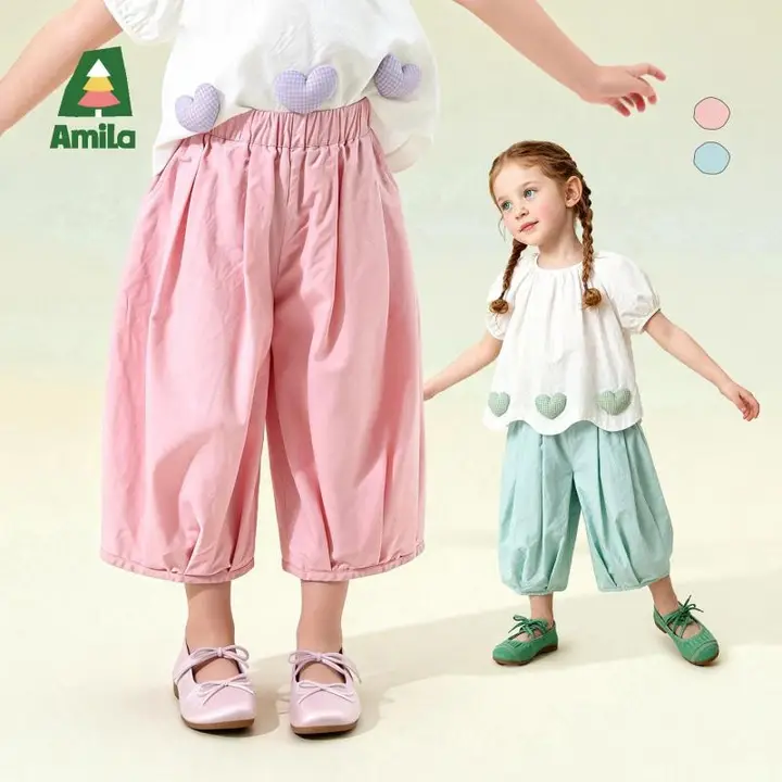 女の子用夏向けカジュアルパンツ【薄手・通気性の良いTシャツ付き】（セットアップ対応）