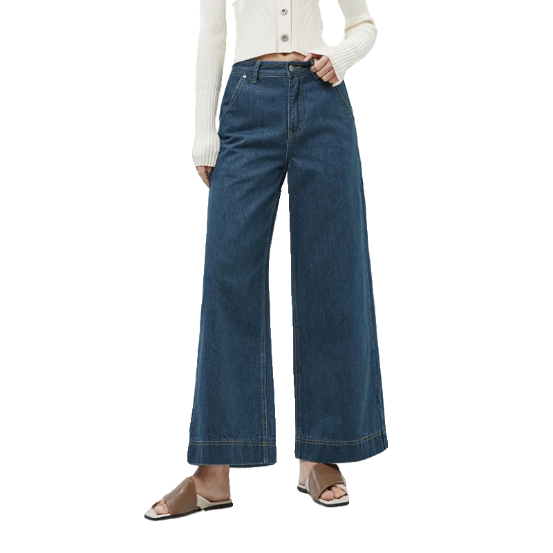 レトロデザイン ハイウエストデニムワイドパンツ【女性用・体型カバー・大きな裾】