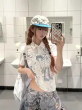 ポロネック 半袖Tシャツ レディース アメカジ ヴィンテージ キャラクタープリント 着痩せ 夏「BeOurRule」