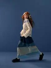 チェック柄の多層カラーブロックロングスカート【アメリカンカジュアル・秋用・ゆったりデザイン】