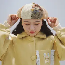 手作りパッチワークベレー帽【かわいいクマデザイン・レトロ・保温性あり】