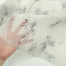 古風薄手半透明布地【淡灰色・水墨風竹葉柄・化繊テンサル製・和服用】
