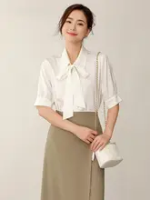 ブラウス レディース 半袖 シフォン 白 蝶結び きれいめ 上品 通勤 就活 オフィスカジュアル 夏