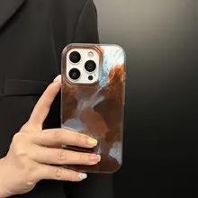 レトロ風のブルーとブラウンのグラデーション iPhone用ケース【ネックストラップとハンドル付き・個性的なデザイン】（セットアップ対応）