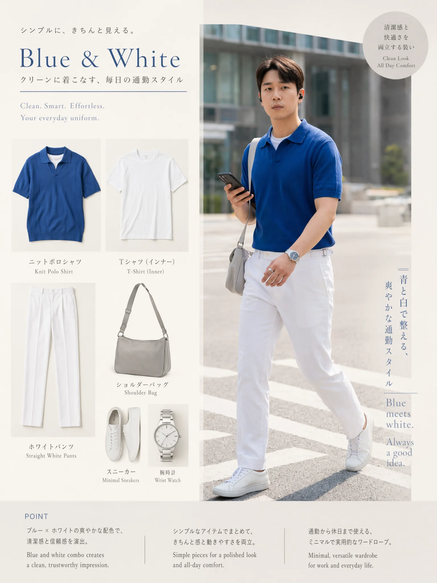 ライトグレーのショルダーバッグ、シルバーリング、白のストレートパンツ、ブルーの半袖ニットポロ、ステンレス腕時計を組み合わせた都会的なコーディネート