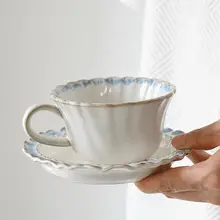 ブルーフラワーパターン陶器ディッシュウェア【レトロスタイル・高級感・カフェ用】（セットアップ対応）