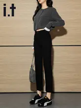 高腰ストレートデニムパンツ【女性用・黒・スリムフィット・九分丈】