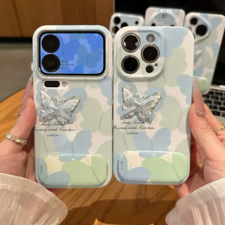 ブルーグリーンの蝶柄フィルム対応スマホケース【iPhone・Android対応】