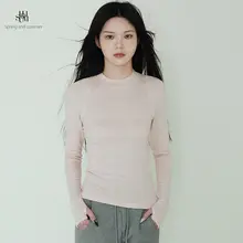 半高めのネックデザインの女性用天絲羊毛長袖Tシャツ【春夏用・ピンク・カジュアル】（セットアップ対応）