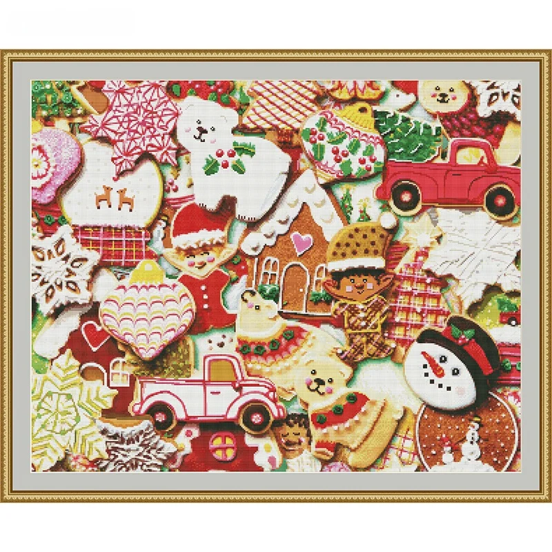 クリスマスクッキーのクロスステッチ：シンプルデザインで家庭やギフトに最適な壁掛け用作品