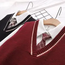 春用薄手Vネックニットベストとブラウスの重ね着スタイル【英国風・女性用】（セットアップ対応）