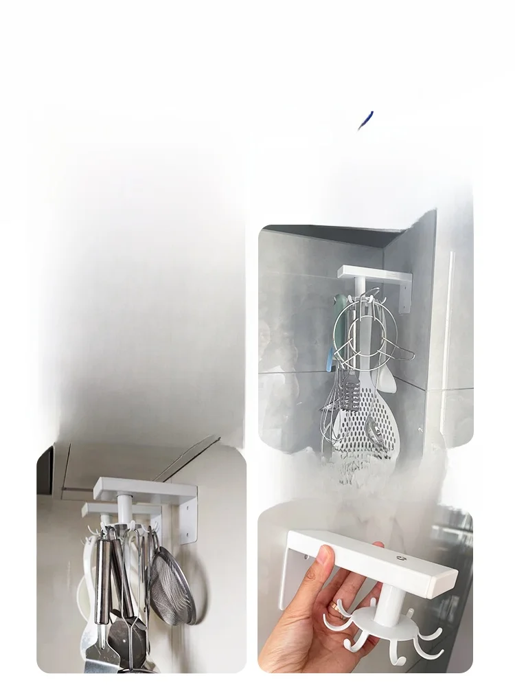 回転式フック付きキッチン収納ラック：かっこいい壁掛けでおしゃれな調理器具を整理