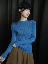 花杏色のレトロなラウンドネック長袖ニットセーター【秋冬用・スリムフィット】