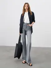 高腰ストレートデニムパンツ【女性用・スリムフィット・秋冬用】