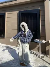 195大喜 チェック柄ショートコットンジャケット【フェイクファー・フィット・冬用】