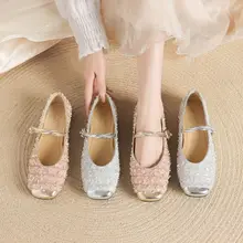 シルバーの浅い口のバレリーナシューズ【フラット・フレンチマリージェンスタイル・ラメ入り】