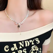 黒い星とハートのフリンジネックレス【ロックスタイル・鎖骨チェーン・トレンドアクセサリー】