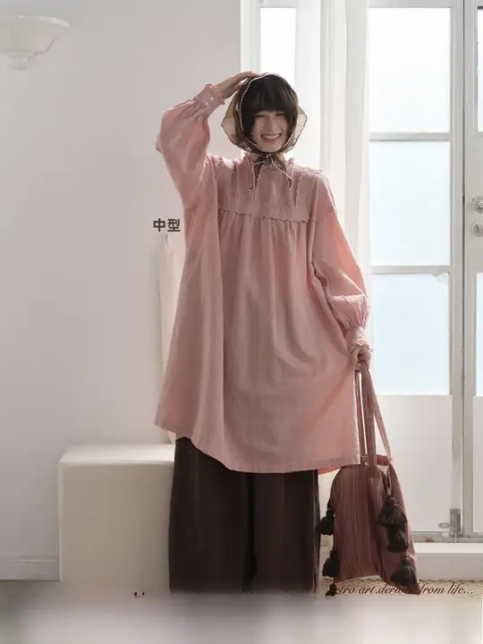 リネン製 レース付き長袖ワンピース【秋用・ゆったりデザイン・女性用】