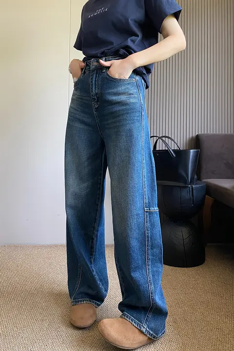 アメリカンヴィンテージ風 バタフライデザインデニムパンツ【ハイウエスト・ゆったりフィット・ワイドレッグ】（セットアップ対応）