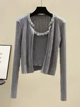 ビーズとリボンデザインの毛ニットカーディガン＆キャミソール【秋冬用・短丈】（セットアップ対応）