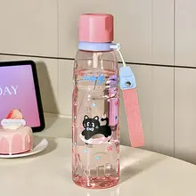 可愛い猫デザインのプラスチック製水筒【食品級・持ち運び便利・防落】