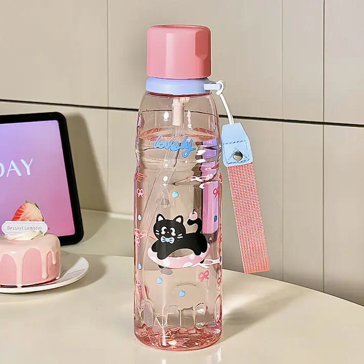 可愛い猫デザインのプラスチック製水筒【食品級・持ち運び便利・防落】