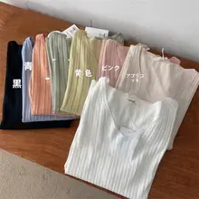 夏用 薄手のアイスシルクTシャツ【ストライプ・Vネック・ゆったりサイズ】