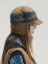 冬用レトロスタイルフライトキャップ【ブルー・ブラウンチェック・折りたたみ・耳カバー付き・防風】