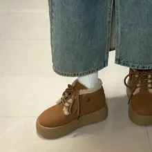 レトロ風ラウンドトゥ厚底レースアップ加絨保温雪用ブーツ【女性用・イギリス風・スタイリッシュ】