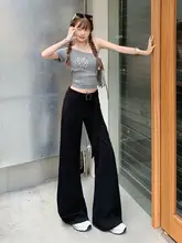 ブラック・ストレッチ薄手デニムパンツ【ウエスト高め・ワイドレッグ・抗シワ】