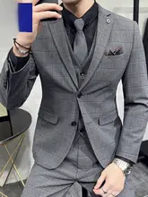結婚式用 メンズ三点スーツ【英式チェック・秋用・カジュアル正装】（セットアップ対応）