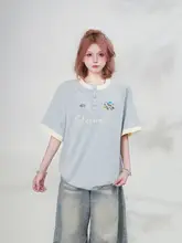 刺繍ロゴ入りラウンドネックTシャツ【男女兼用・夏用・五分袖・ルーズフィット】