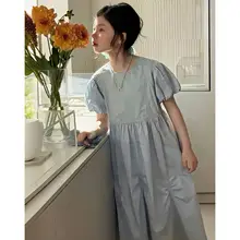 ワンピース キッズ ガールズ パフスリーブ Aライン ウエストマーク ロング丈 韓流 甘め フレンチ風 ブルー 夏