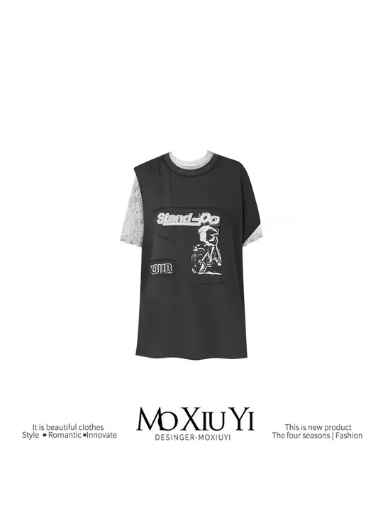 不規則デザインのレイヤードTシャツ【レースインナー付き・トレンディ】（セットアップ対応）
