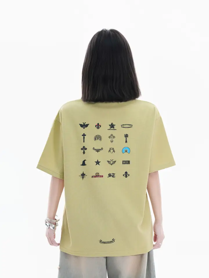 球球デザインのヴィンテージ風プリントTシャツ【短袖・ルーズフィット・ストリートスタイル・カップル向け】