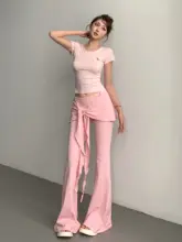 フレアヨガパンツ レディース フェイクレイヤード パッチワーク フリル 紐結び 高ストレッチ ヒップアップ スリム 着痩せ スポーツ カジュアル