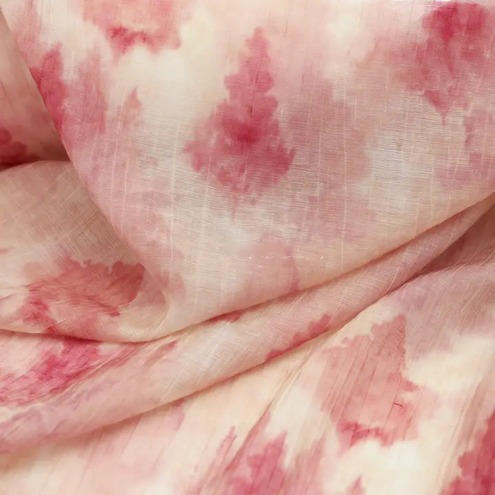 透け感ある胭脂粉色の不規則な葉のぼかし柄ストライプリネン生地【漢服用・非常に柔らかい】