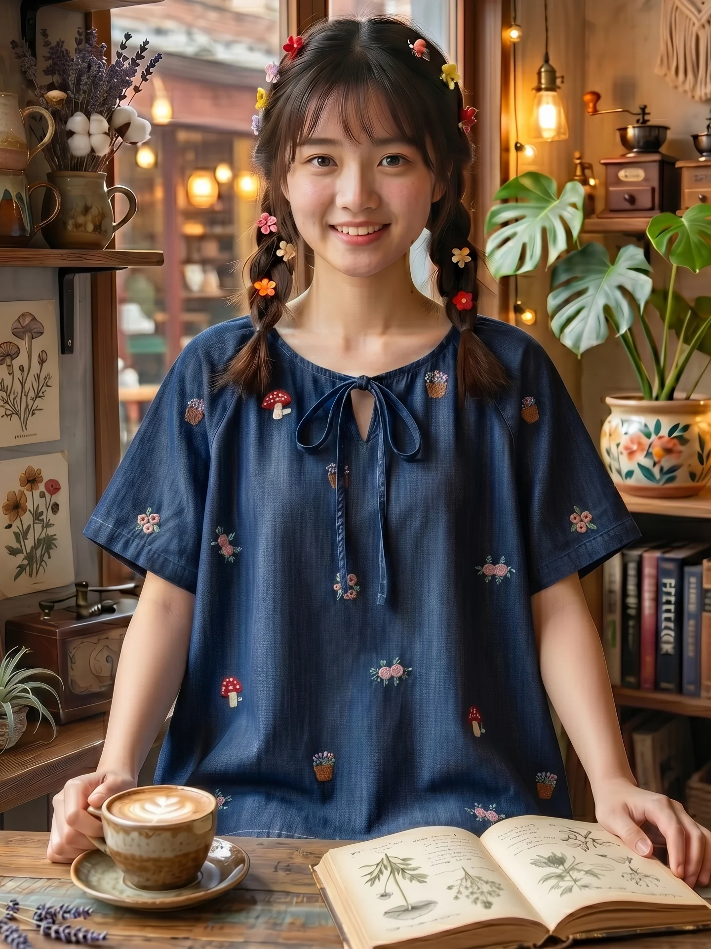 刺繍入りデニムシャツ：少女風のゆったりシルエットが特徴