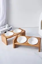 調整可能な竹製スタンド付き二重陶器ペットボウル【犬用・猫用・首に優しい傾斜設計】
