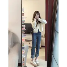 秋季向けカジュアルニットカーディガンとデニムパンツ【小柄向け・着回しやすい】（セットアップ対応 ）