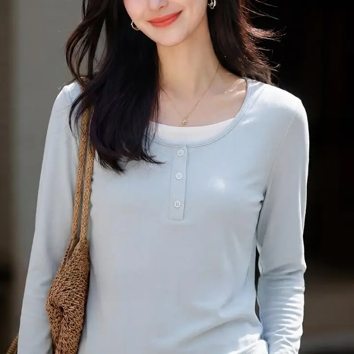 デザイン性のあるバイカラーラウンドネック長袖Tシャツ【秋用・女性用】（セットアップ対応）