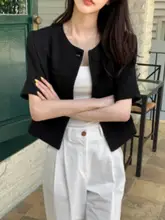 夏にぴったり！ツイード風チェック柄の短袖カーディガン【女性用・スリム効果・カジュアル】