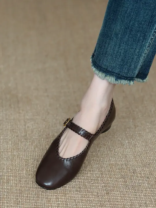 柔らかい羊革製 マリージェーンシューズ【編み込み・ラウンドトゥ・中ヒール・通勤用】