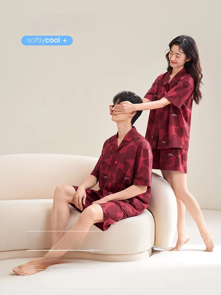 冷感素材のハートデザイン結婚用パジャマ【夏用・純綿・男女兼用】（セットアップ対応）