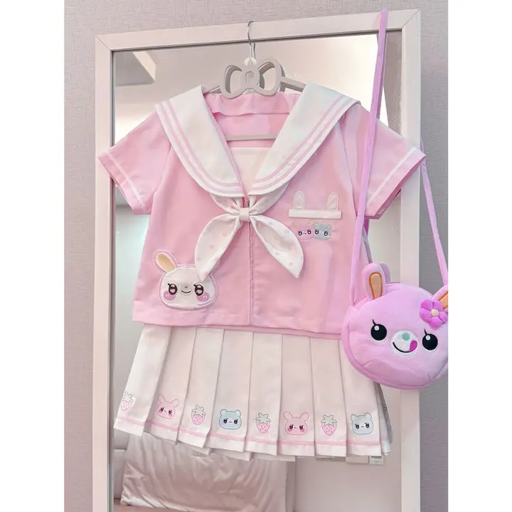 セーラー服 セットアップ レディース 白 ピンク バイカラー 苺柄 うさぎ かわいい ふわふわ 夏 制服