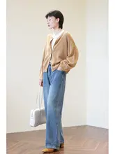 ヴィンテージ感のあるブルー デニム ワイドレッグパンツ【ハイウエスト・スリム効果・ロング丈】