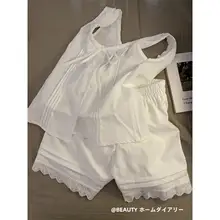 春夏用 白色リボン付きノースリーブルームウェア【レース飾り・ショートパンツ・家居服】（セットアップ対応）