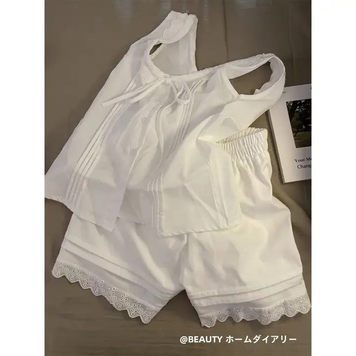 春夏用 白色リボン付きノースリーブルームウェア【レース飾り・ショートパンツ・家居服】（セットアップ対応）
